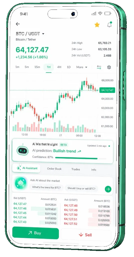 Kestrel Spartix trading platform on mobile — live BTC/USDT chart, order book, and buy/sell interface
